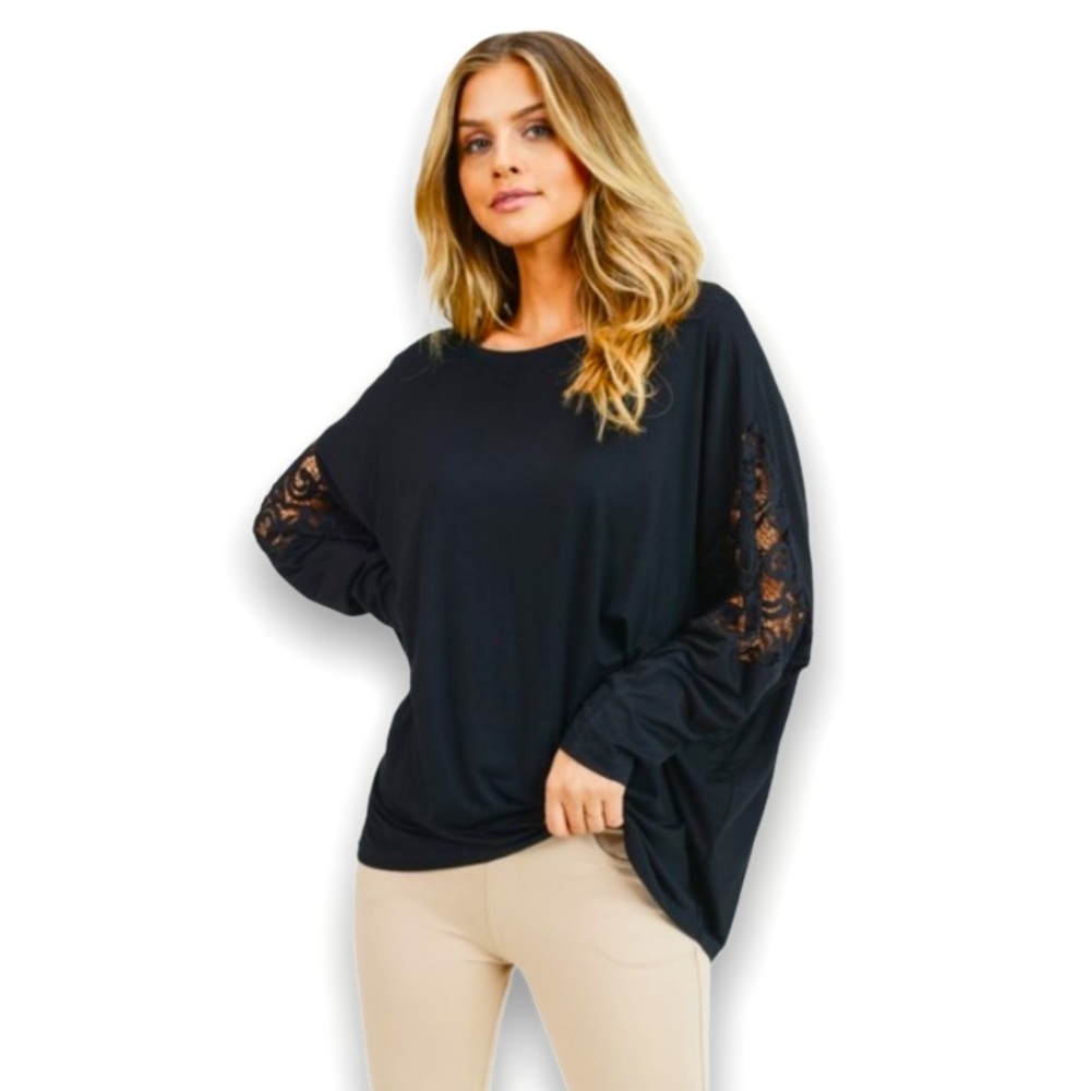 45. Dolman Crewneck Lace Sleeve Blouse